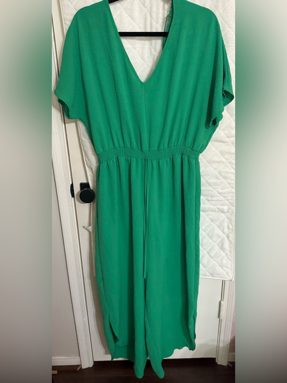Green V-Neck Women’s Jumpsuit with Elastic Waist